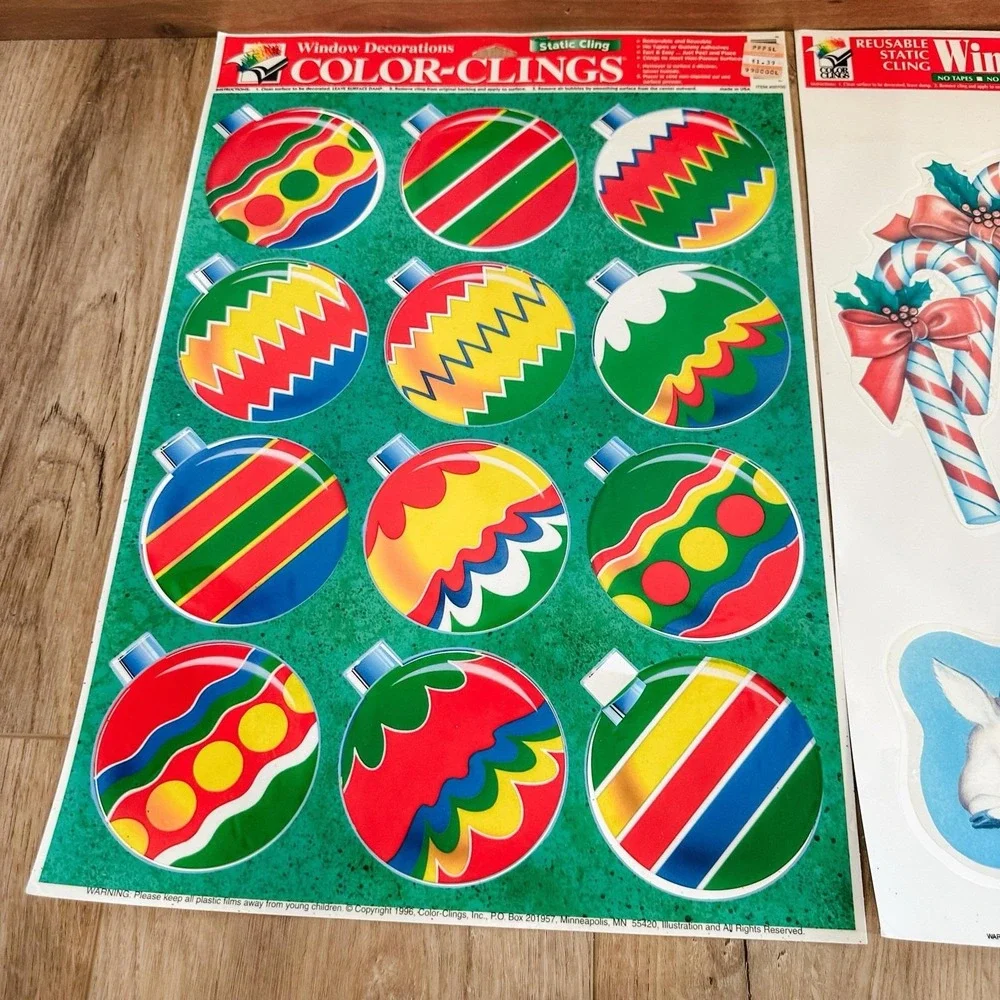 VTG 90's (2) Christmas Window Clings Decals Snowman‎ Elves Deer Ornaments